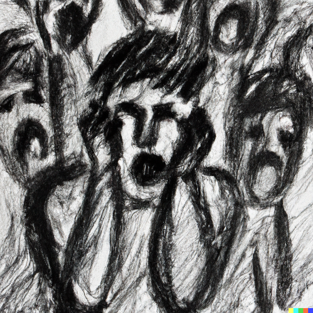 Charcoal art piece that depicts the silhouettes of multiple humans,  portraying them as soulless beings with mechanical lives. in abstract on  Craiyon